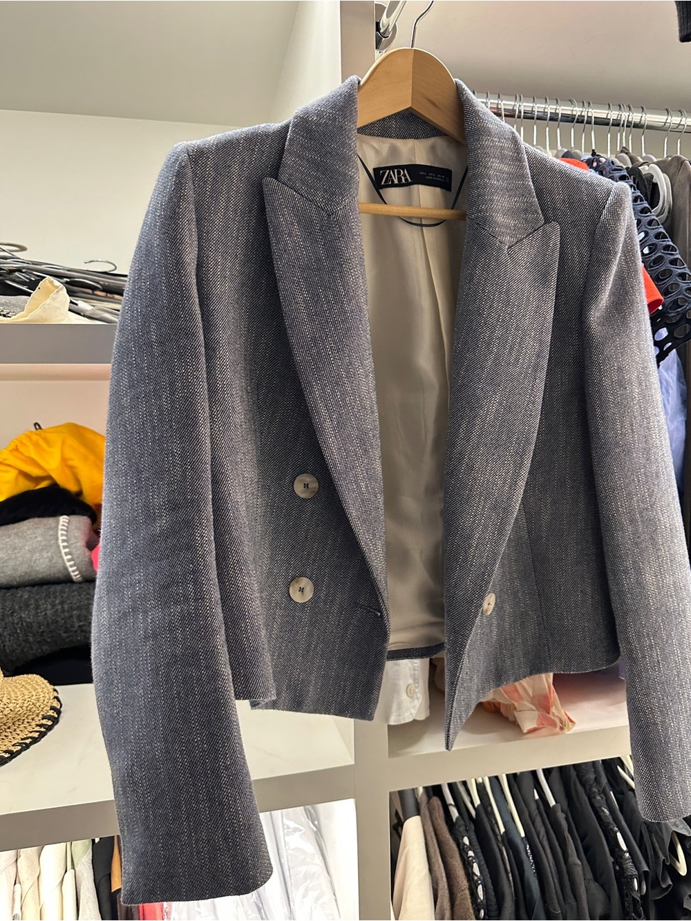 Zara Cropped Double-Breasted Blazer in Heather Gray